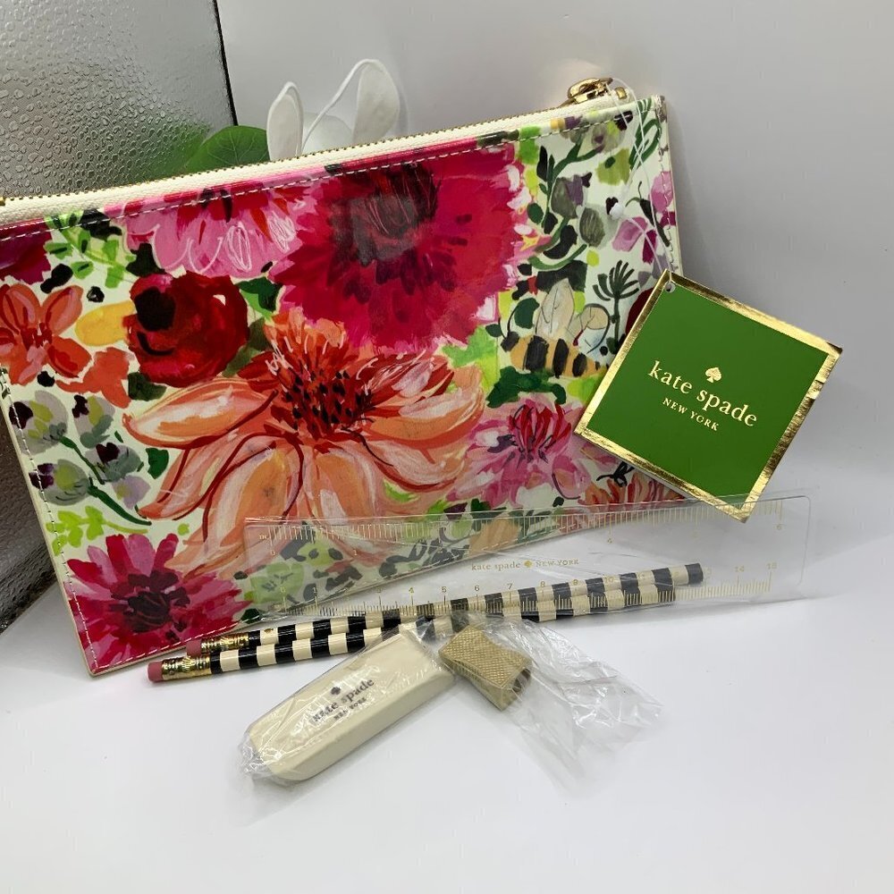 Kate Spade NWT Dahlia Floral Multi Colored Ruler Sharpener Eraser Pencil Pouch